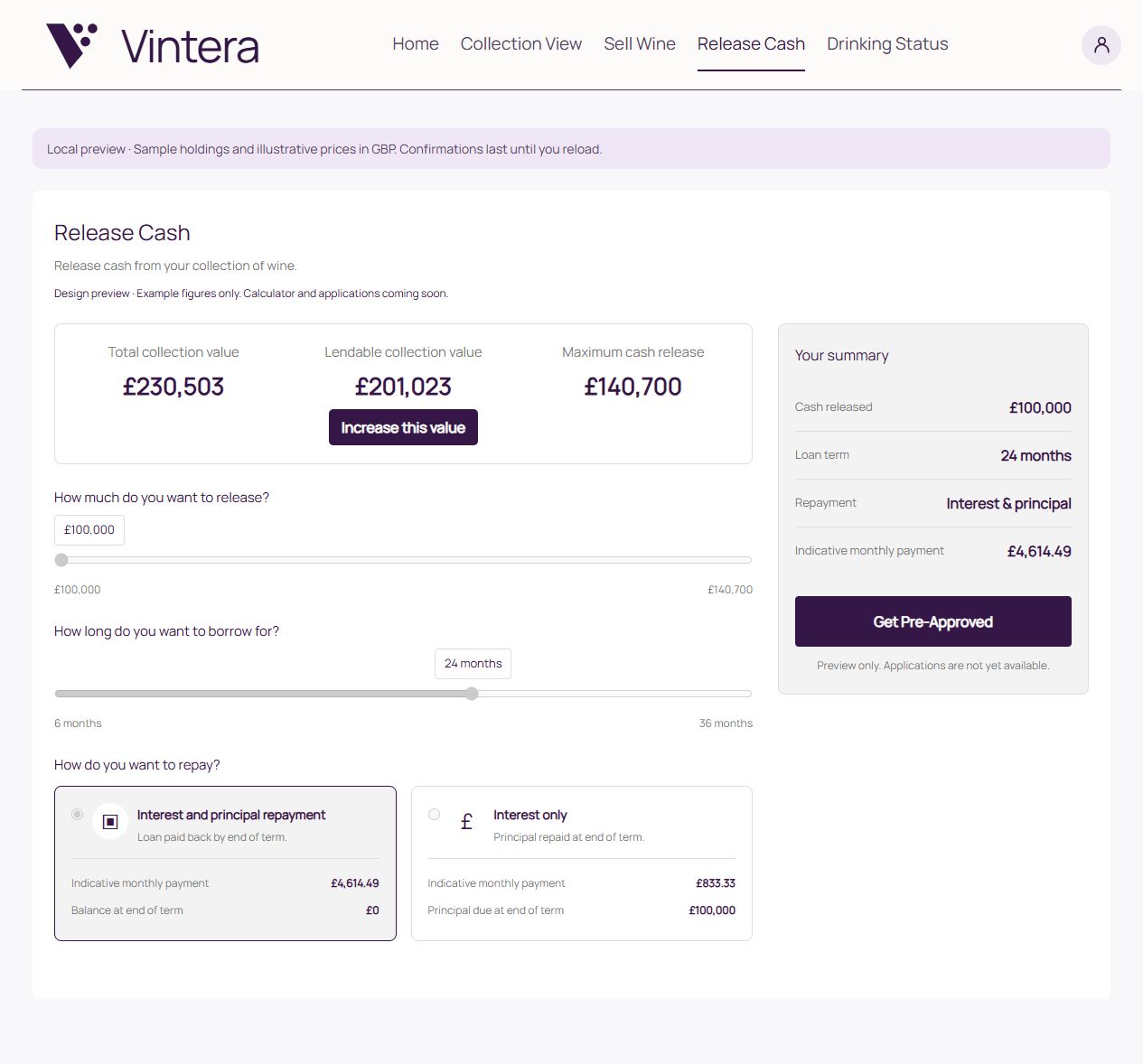 Release Cash with illustrative sample collection data